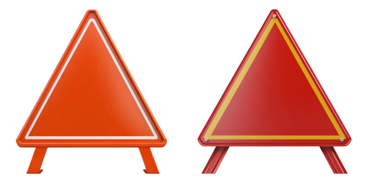 Two triangular warning signs with red and orange colors on transparency background