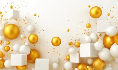 Gold and white spheres, cubes on white backdrop