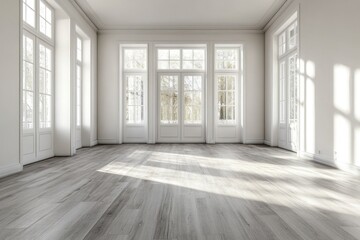 Fototapeta premium Sunlit empty room with hardwood floor and large windows.