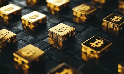 Gold Bitcoin cubes on a dark grid, blockchain technology concept