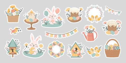 Cute Easter set. Spring collection of animals, birds, flowers and seasonal decorations. Design for greeting cards, posters, scrapbooking, stickers. Illustration in flat style.