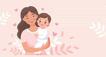 Mother and child in loving embrace on pink floral background. Happy mother holding her son in her arms. Mother's day card. Flat style illustration.