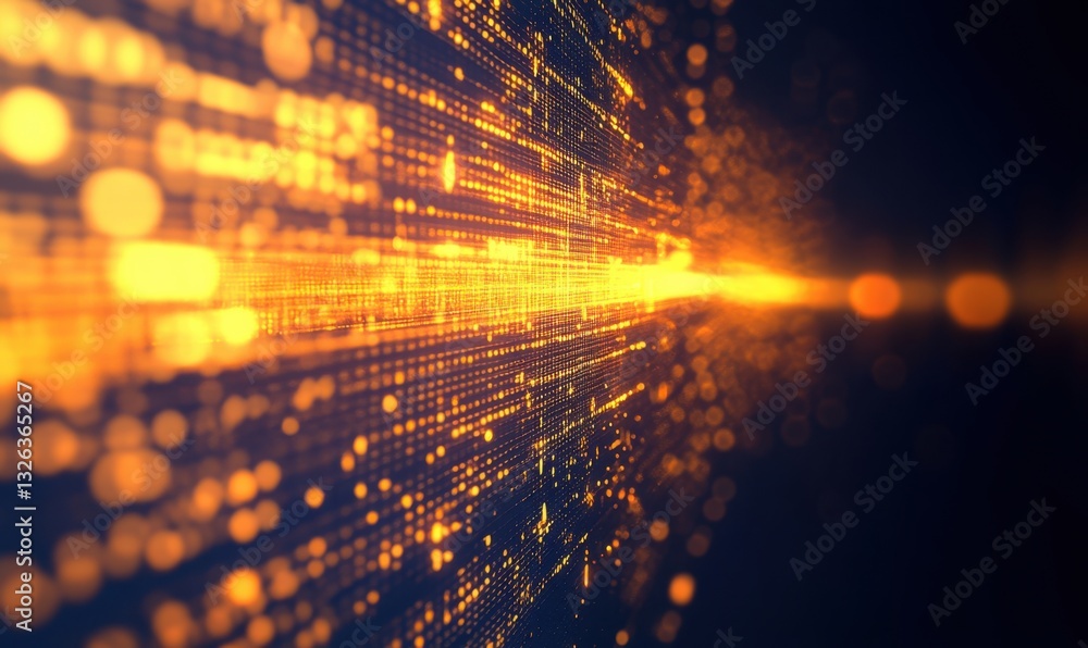 Poster golden data stream flowing in digital space, ideal for tech backgrounds