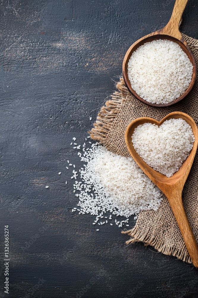 Poster a rustic table setting with rice grains arranged in a heart shape