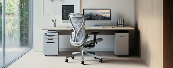 A modern office workspace displays a desk chair and computer setup