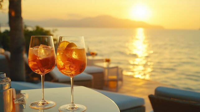 Elegant Aperol Spritz cocktail in two wine glasses on a stylish hotel terrace table overlooking the ocean, glowing with warm golden hour lighting and luxury summer holiday vibes
