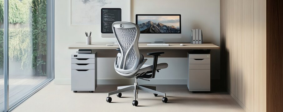 A modern office workspace displays a desk chair and computer setup - Powered by Adobe