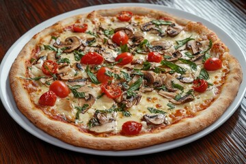 Delicious pizza with mushrooms, tomatoes, and basil on a white plate
