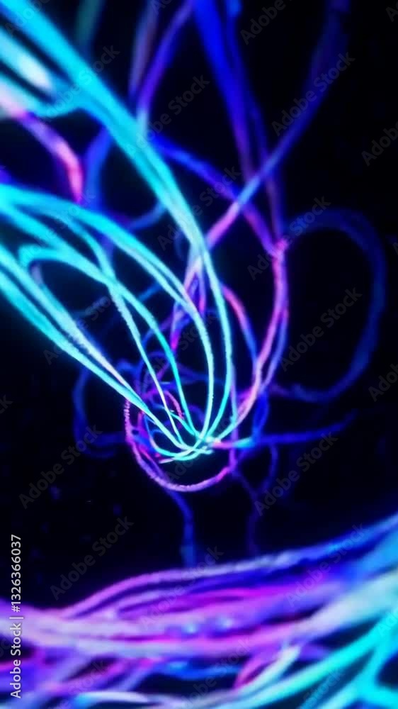 Poster dynamic flow of vibrant neon light trails creating spirals against a dark backdrop