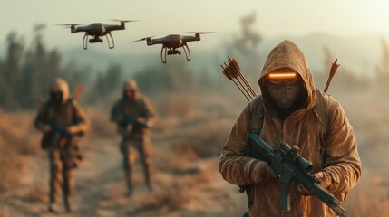 An archer dressed in tactical gear leads his team through a futuristic landscape, as drones hover above, illustrating the intersection of traditional and advanced combat methods.