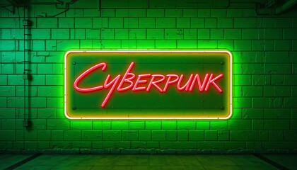 Cyberpunk Neon Sign on Green Brick Wall for Futuristic Themes