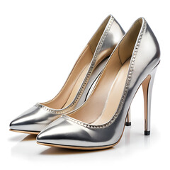 Silver Metallic High Heels with Pointed Toe Pumps and Stiletto Shoes for Fashion Photography on White Background