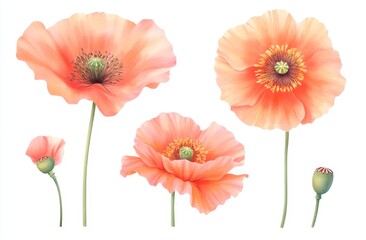 Obraz premium A collection of watercolor poppy flowers is set against a white background
