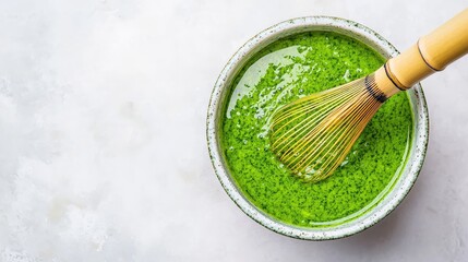 Antioxidant Extracts plant based concept. Bowl of matcha tea with a bamboo whisk on a light background.