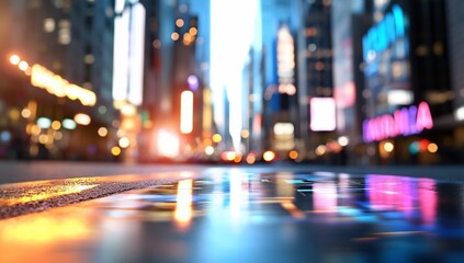 Obraz premium City street at night with colorful reflections on wet pavement