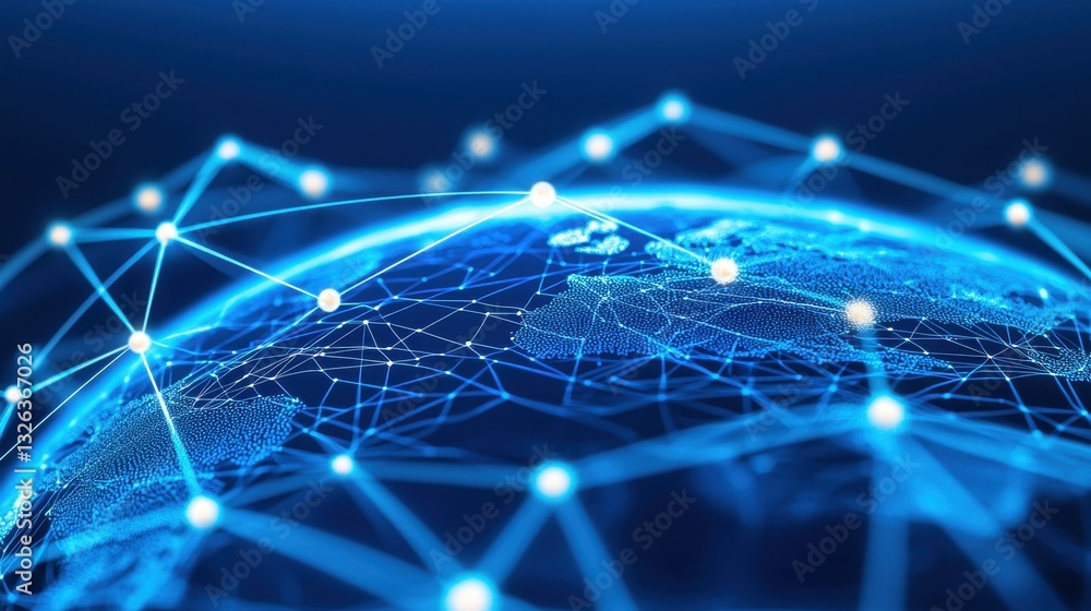 Poster digital globe network with lines and nodes in blue color palette