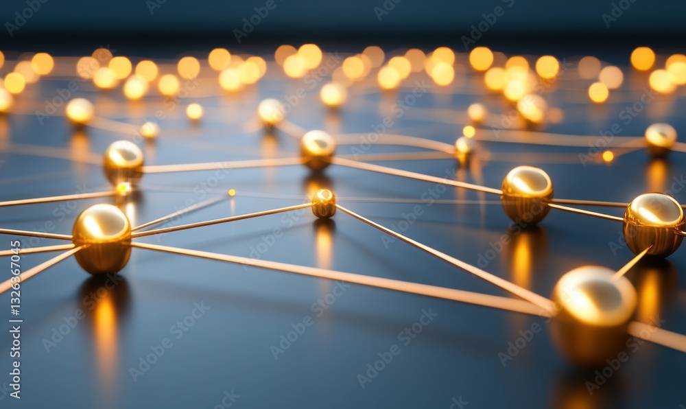 Poster golden network nodes connected on dark surface, data flow concept