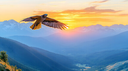 Fototapeta premium Bird soaring above mountain range at sunrise