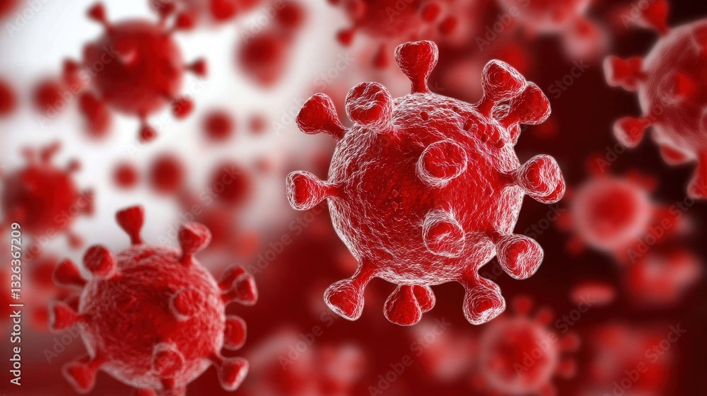 Poster microscopic view of virus particles with red and white background