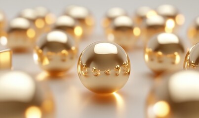 Golden spheres on white surface, abstract background for design
