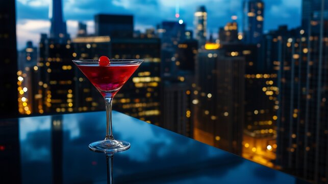 Elegant Cosmopolitan cocktail in a martini glass on a stylish rooftop bar table with glowing city lights in the background, capturing the modern urban nightlife aesthetic