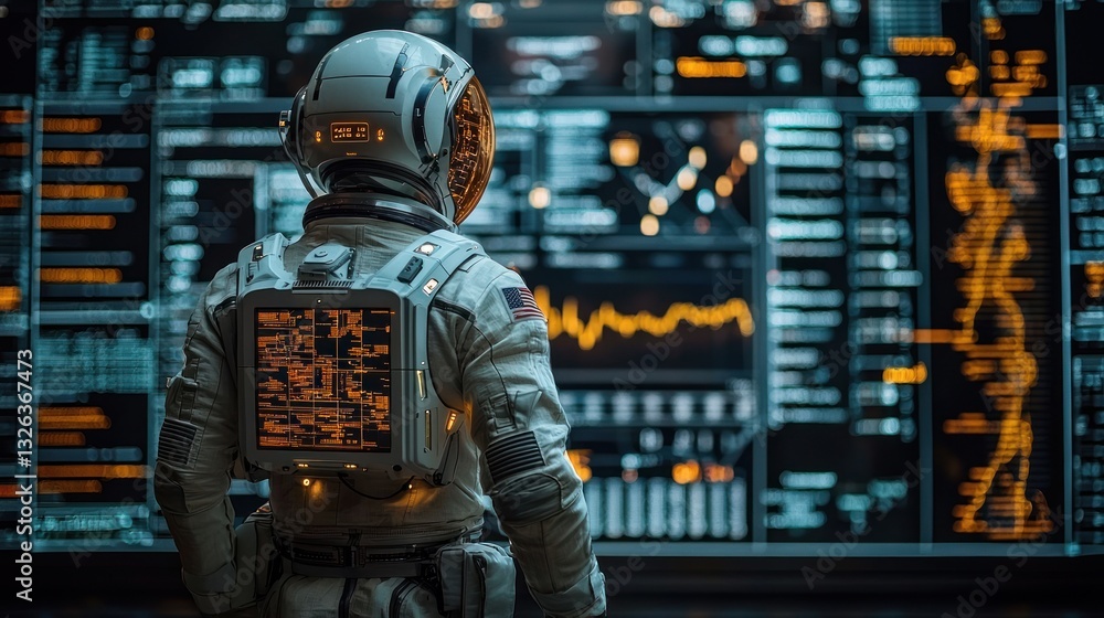 Poster astronaut reviewing data on large screen.