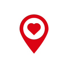 Red heart shaped map pin symbol representing location and love, set