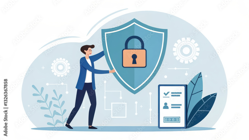 Poster person holding data security icon, representing protection and privacy in digital world. background 