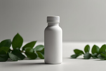 Mockup medical bottle of pills or vitamins with green leaf on beige background, organic medication, healthy lifestyle.