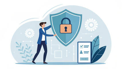 person holding data security icon, representing protection and privacy in digital world. background features technology elements, emphasizing importance of data security