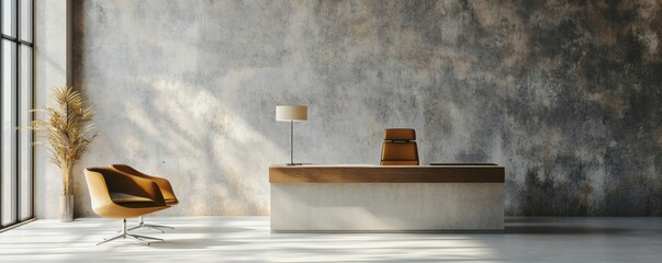 Interior office scene featuring minimalist furniture and natural light beautifully