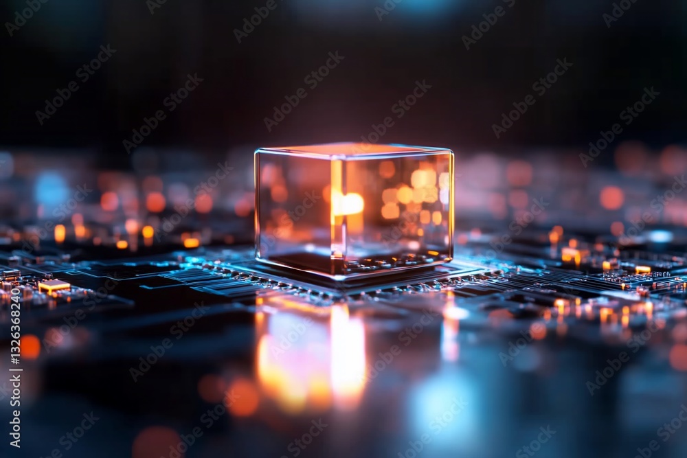 Poster glowing cube on circuit board, tech background