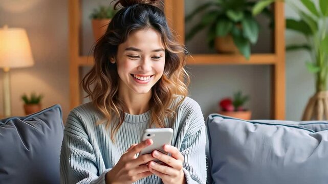 A cheerful woman interacts with her smartphone, conveying joyful communication and digital connectivity. Relaxed ambiance with a focus on technology usage, creating a relatable modern lifestyle scene