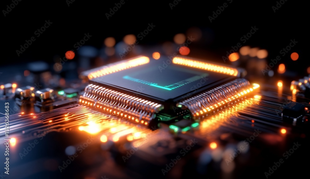 Poster cpu on circuit board with glowing lights, tech background, for website or ad