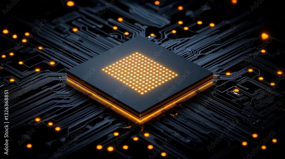 Poster digital microprocessor chip on circuit board with pulsing lights