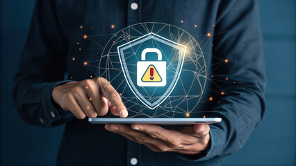 Secure digital protection icon displayed on tablet, emphasizing cybersecurity threats. image conveys sense of vigilance and safety in digital world