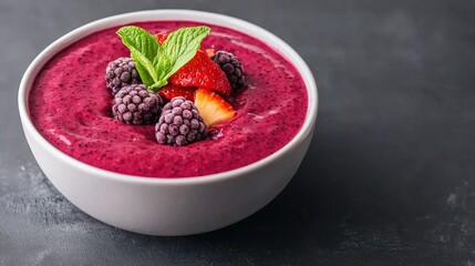 Antioxidant Extracts plant based concept. Smooth berry smoothie topped with fresh fruits and mint leaves in a bowl.