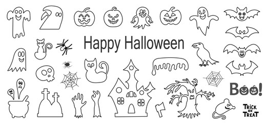 Big set of silhouettes of Halloween on a white background. Vector illustration