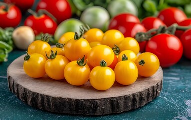 Juicy Yellow Cherry Tomatoes on Wooden Board