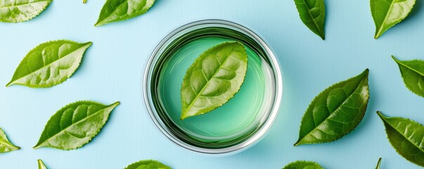 Obraz premium Antioxidant Extracts plant based concept. Fresh green tea with leaves on a blue background, creating a calming aesthetic.