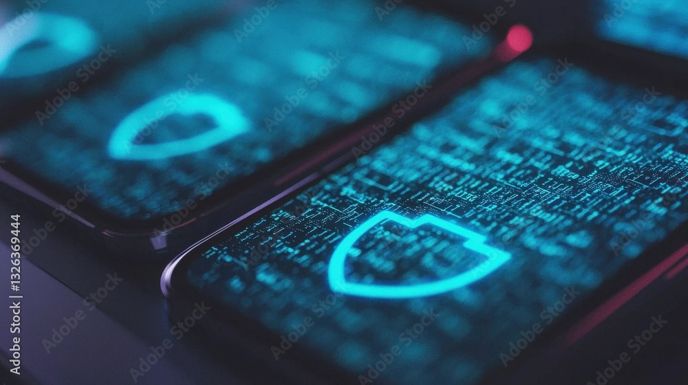 Poster digital security concept with modern smartphones and code background