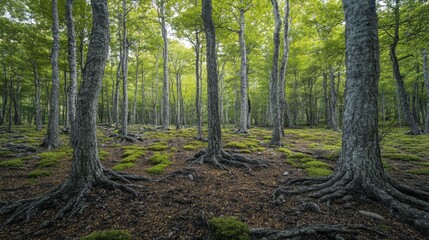 Obraz premium Serene lush green forest with tall trees and moss-covered ground in daylight