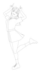 A woman is dancing in a white background. She is wearing a skirt and has her hands on her head