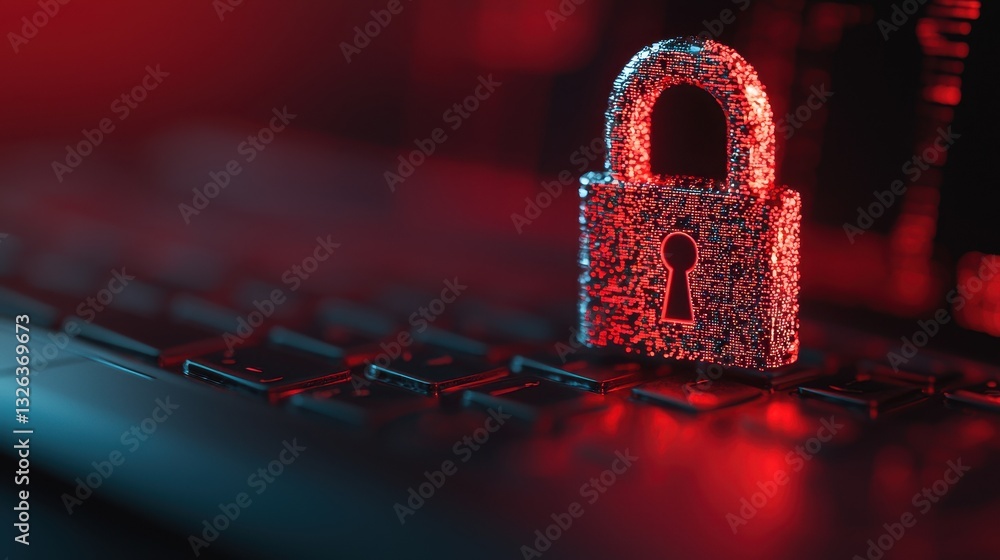 Poster digital security concept with red lock on black keyboard background