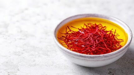 Fototapeta premium Antioxidant Extracts plant based concept. Bowl of saffron threads on a yellow sauce, garnished and artistic presentation.