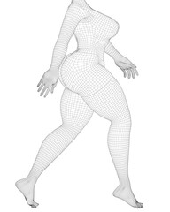A woman's body is drawn in black and white with a lot of detail. The image is of a woman walking, and the drawing is very detailed. Scene is somewhat eerie