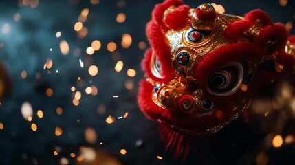 Festive chinese lion dance head with golden accents and bokeh light effects