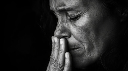 A woman is praying with her hands clasped together