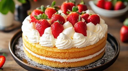A fresh vanilla sponge cake topped with whipped cream and strawberries, showing the delicate, airy texture and juicy sweetness of the cake and fruit.