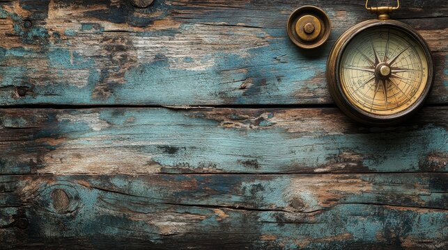 Vintage compass on weathered wooden surface with peeling paint